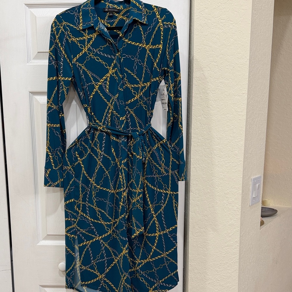 INC International Concepts Teal Long-Sleeve Chain-Print Shirt Dress